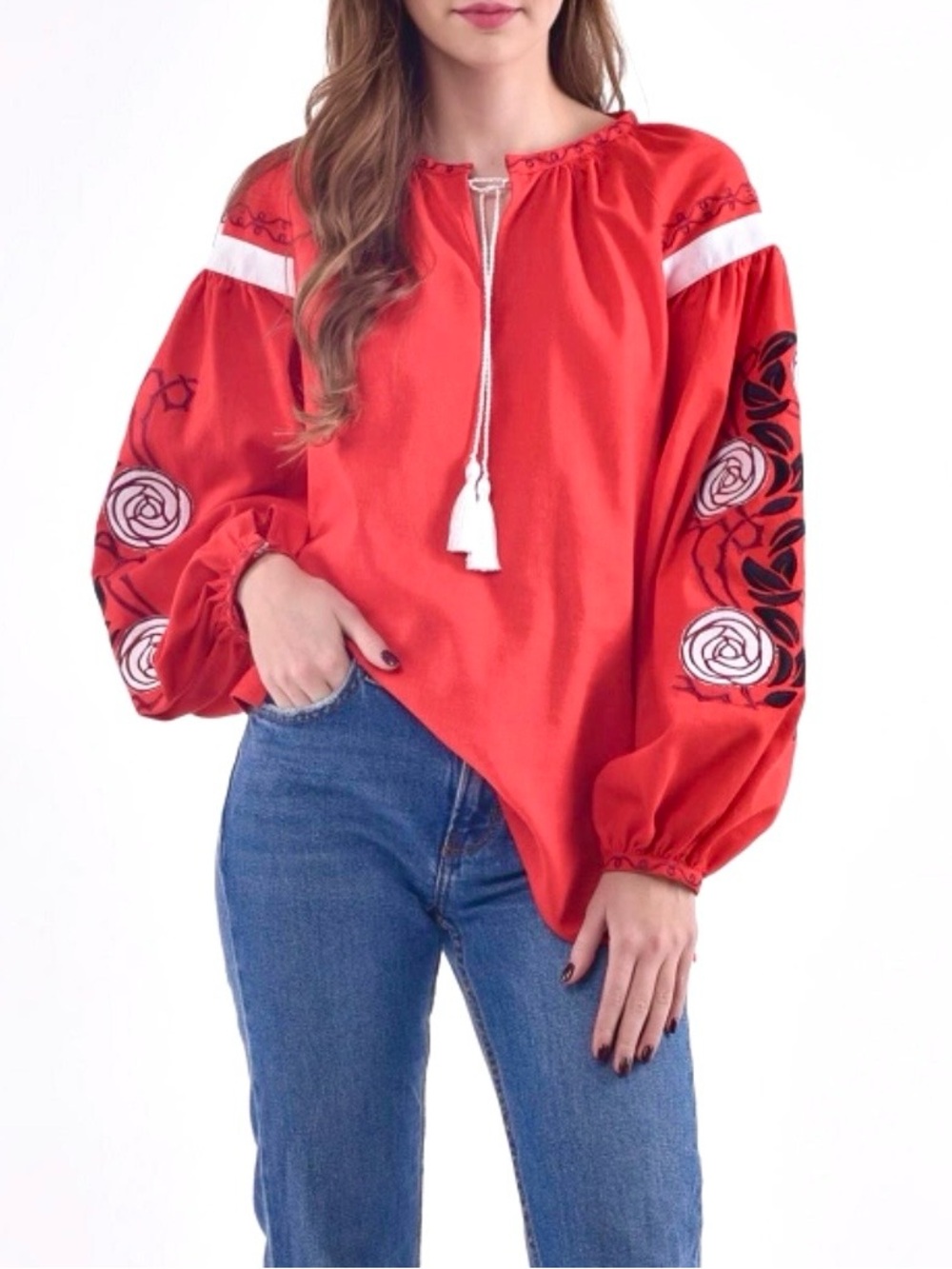 NWT 2KOLYORY Wild Rose Ukrainian 100% Linen Embroidered Blouse Red XL-XXL
